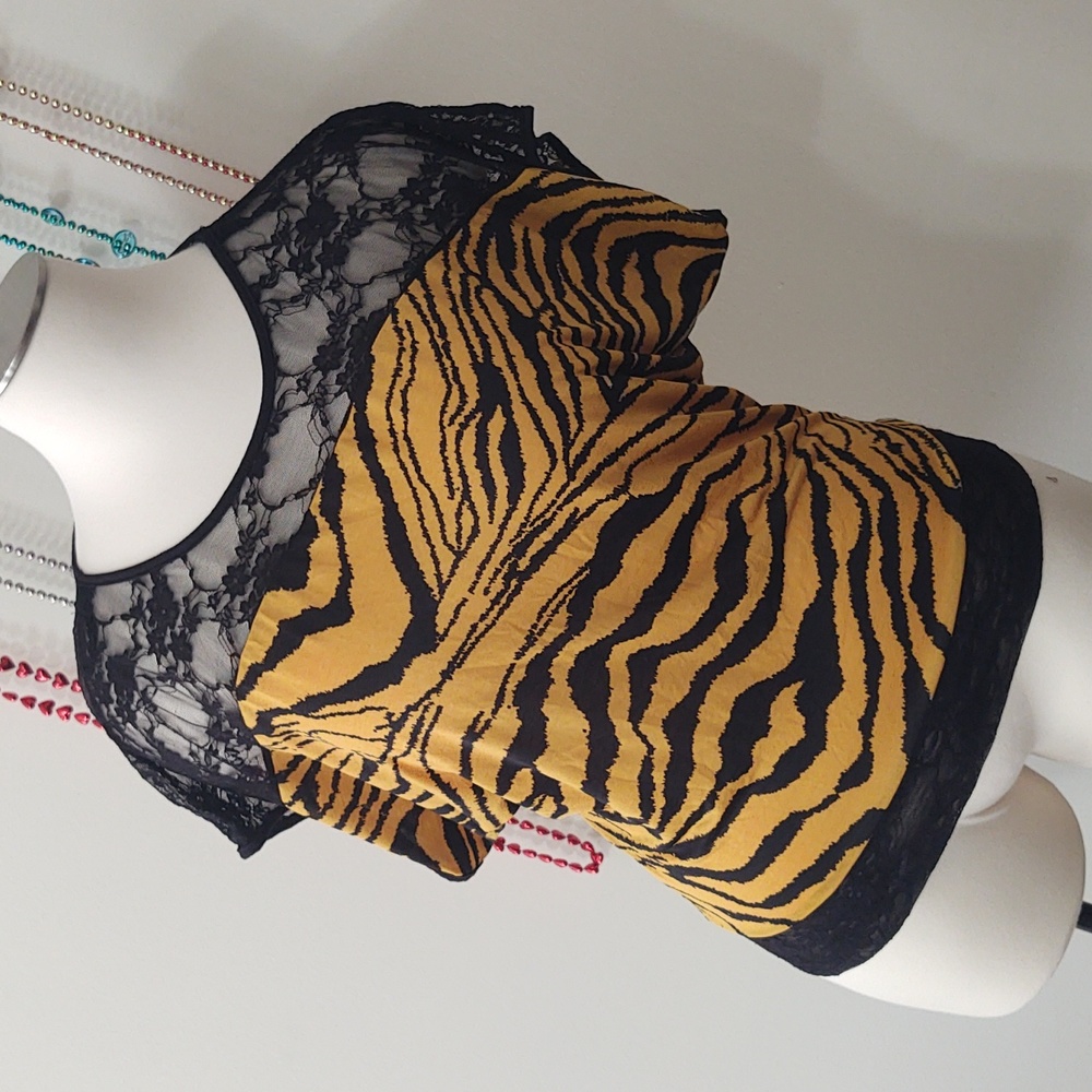 Banabee Tiger Stripe Lace Illusion Neckline Blouse 3X